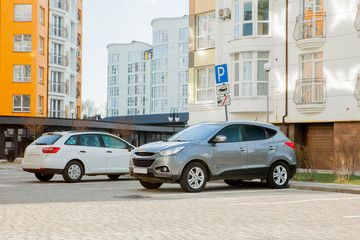 The car is parked near the house under the parking sign