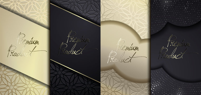 Luxury Premium design. Vector set packaging templates with different texture for luxury products. Collection of design elements with golden foil. Black paper cut background. VIP design