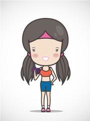 cute girl exercising hold in dumbbell hand, vector illustration