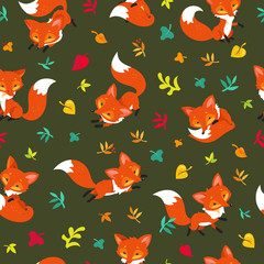 Fototapeta na wymiar Seamless Pattern Red Foxes and Falling Leaves on a Dark Background. Texture Wild Animals in Autumn Forest. Vector Illustration