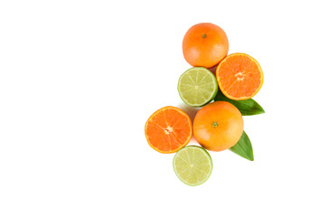 Fruit assortment of tangerine and lime with leaves isolated on white background