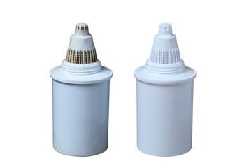 Clean and Dirty filters for cleaning drinking water isolated on white background. Purification of drinking water at home.