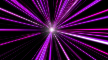 Fototapeta premium Entering purple space warp. Abstract background with fast flying light streaks. Speed line & stripes flying into glowing tunnel. 