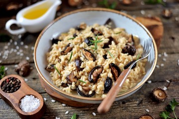 Traditional Italian risotto with dried mushrooms, parmesan cheese, vegetable broth and white wine.