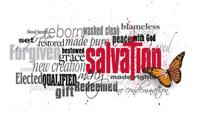 Salvation word montage with Christian Cross and New Life Butterfly - obrazy, fototapety, plakaty