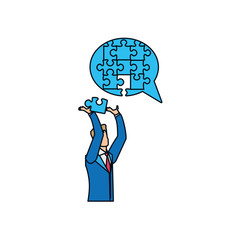 businessman with puzzle pieces in shape speech bubble