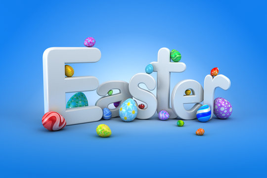 Easter text surrounded by colorful Easter eggs