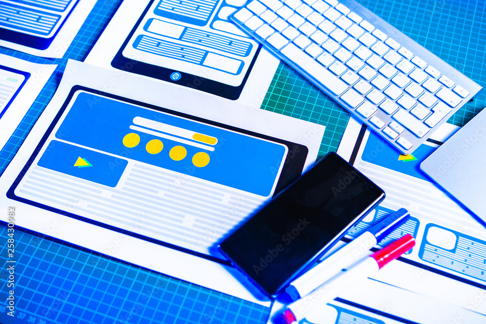 Wall mural graphic design. workplace internet designer. website creation for mobile devices. website template d