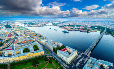 Panorama of St. Petersburg. City from a height. Center of Petersburg. Cities of Russia. Summer day. The prospect of the river Neva. Streets of Petersburg.