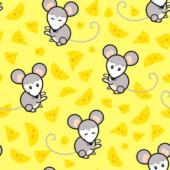 seamless pattern with drawn animal small gray mouse and piece of cheese on yellow background
