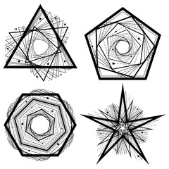Set of simple abstract black geometric shapes from intersecting lines. Elements and symbols, spirograph. Triangle, pentagon, hexagon and star. Isolated on white background. Eps10 vector illustration.
