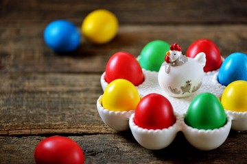 Traditional Easter food - Easter eggs on an old wooden table. Easter background.