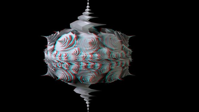 3D anaglyph. Complex fractal rotating in a continuous loop, isolated on black. View with red/cyan glasses.