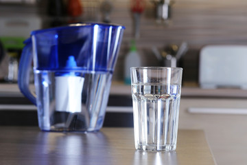 Glass of clean water and filter for cleaning drinking water on the table in the kitchen. Purification of drinking water at home.