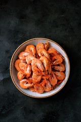 Boiled big sea prawns (shrimps). Healthy food. Top view. Copy space. 