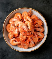Boiled big sea prawns (shrimps). Healthy food. Top view. Copy space. 
