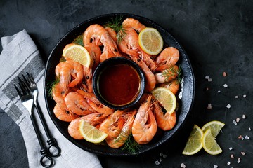 Boiled big sea prawns (shrimps). Healthy food. Top view. Copy space. 