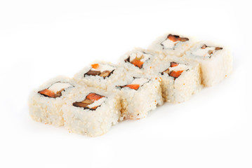 Sushi Roll - Maki Sushi with Smoked Eel, Salmon, Sesame, Avocado and Cream Cheese isolated on white background