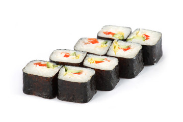Sushi Roll - Maki Sushi Vegetarian with Cucumber, Red Pepper, Cabbage and Cream Cheese isolated on white background