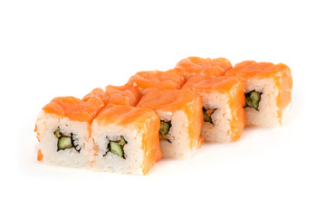 Sushi Roll - Maki Sushi Philadelphia with Cucumber, Smoked Eel, Cream Cheese and Salmon isolated on white background