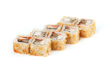 Sushi Roll - Maki Sushi with Salmon Roe, Smoked Eel, Cucumber, Cream Cheese and Deep Fried Vegetables in Chips Tuna and Sesame isolated on white background