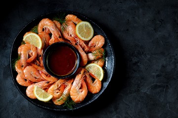 Boiled big sea prawns (shrimps). Healthy food. Top view. Copy space. 