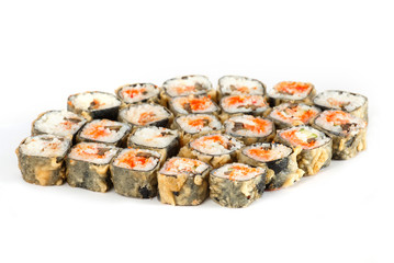 Sushi Roll - Maki Sushi pieces collection with Salmon Roe, Smoked Eel, Cucumber, Cream Cheese, Sesame, Avocado, Onion Fries, Crab Meat, Tobiko isolated on white background