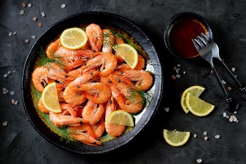 Boiled big sea prawns (shrimps). Healthy food. Top view. Copy space. 