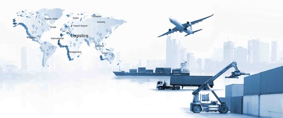 The world logistics, Transportation, import-export and logistics concept, there are world map background and container truck, ship in port and airplane