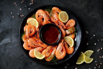 Boiled big sea prawns (shrimps). Healthy food. Top view. Copy space. 