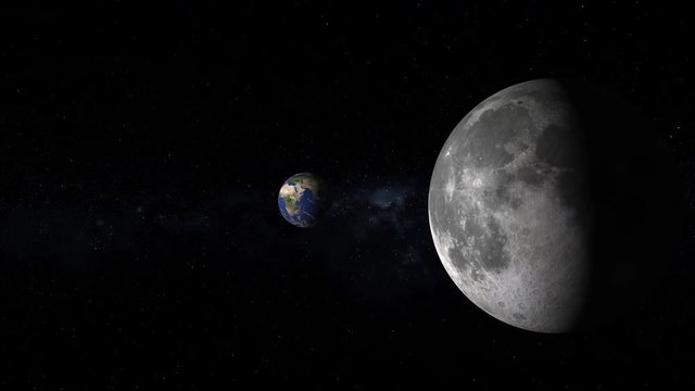 Space travel in solar system to earth, view flying near the moon. Contains public domain image by Nasa