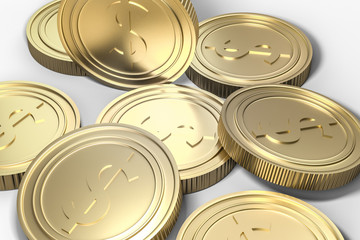 golden currency coins with white background, 3d rendering
