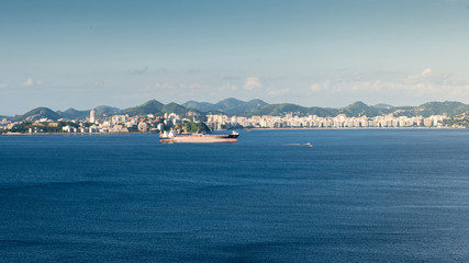 Container ship in import export and business logistic, captured at Guanabara Bay, Rio de Janeiro, Brazil