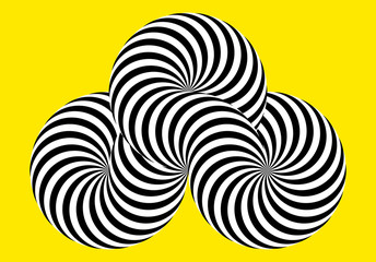 Infinity symbol of interlaced circles. Impossible shape on color background. Optical illusion with striped lines. Black white stripes of circle.