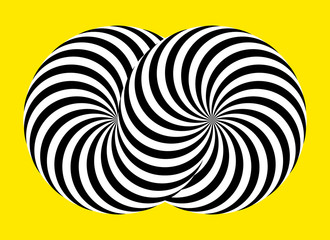 Infinity symbol of interlaced circles. Impossible shape on color background. Optical illusion with striped lines. Black white stripes of circle.