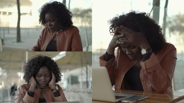 Collage of medium shots of Afro-American tired young plumpy woman with curly hair in sand leather jacket typing on laptop outside, massaging temples, having headache. Work, pain concept