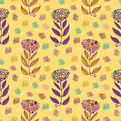 Stylish hand drawn abstract flowers with paint daubs and subtle doodle lines. Seamless vector repeat pattern on yellow background. Great for spa,organic, garden products, home decor, giftwrap
