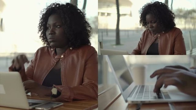 Collage of medium shots of Afro-American young plumpy woman with curly hair in sand leather jacket typing on laptop outside, thinking, massaging head. Work concept
