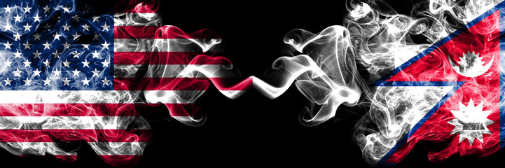 United States of America vs Nepal, Nepalese smoky mystic flags placed side by side. Thick colored silky smoke flags of America and Nepal, Nepalese