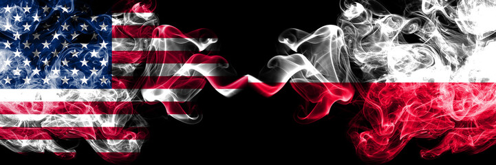 United States of America vs Poland, Polish smoky mystic flags placed side by side. Thick colored silky smoke flags of America and Poland, Polish