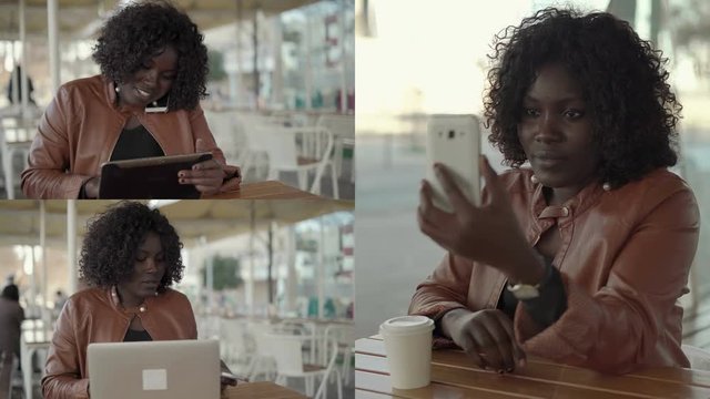 Collage of medium shots of Afro-American plumpy woman with curly hair in sand leather jacket typing on laptop and tablet outside, having video chat on phone. Work, communication concept