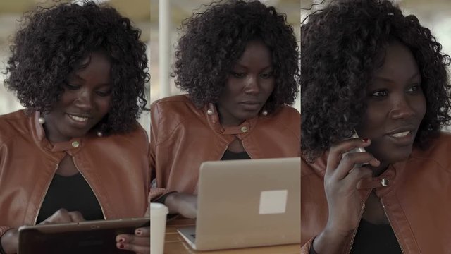 Collage of medium shots of Afro-American young plumpy woman with curly hair in sand leather jacket talking on phone, working on laptop and tablet outside. Work, communication concept