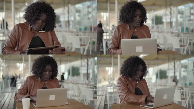 Collage of medium shots of Afro-American plumpy woman with curly hair in sand leather jacket typing on laptop and tablet outside, talking on phone. Work, communication concept