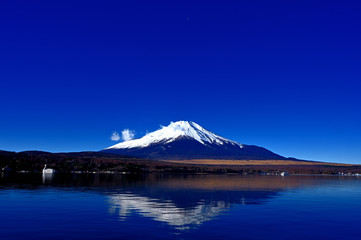 青空の下の山中湖と富士山