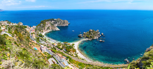 Panoramic aerial view of Isola Bella island and beach in Taormina, Sicily, Italy. Giardini-Naxos bay, Ionian sea coast
