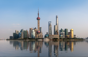 High resolution panoramic view of Shanghai skyline with an artificial water reflection