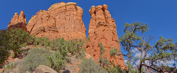 The north spires of Cathedral Rock in Sedona AZ viewed from the secret trail that branches off of the HiLine Trail.