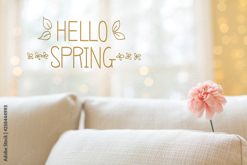 Wall mural hello spring message with a flower in a bright interior room sofa - Wall murals
