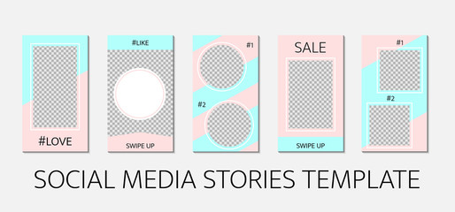 Social media stories template. Set of 5 layout for story for bloggers and SMM. Pink and blue pastel color palette. Easy to edit web banners for mobile application.