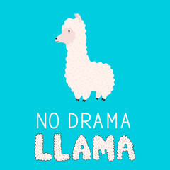 No drama llama. Cute cartoon alpaca and hand drawn lettering. Funny character fluffy alpaca. Motivational or inspirational quote typography poster. Vector template for mugs, t-shirts, cases, cards